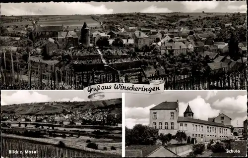 Ak Winscheringen in Rheinland Pfalz, Panorama des Ortes, Blick auf die Mosel, Schule