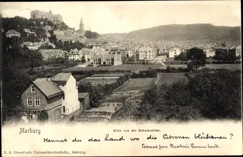 Ak Marburg an der Lahn, Blick von der Schwanallee auf Ort, Kirche