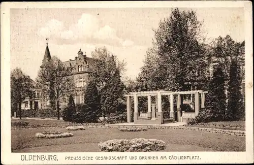 Ak Oldenburg in Holstein, Preussische Gesandschaft u. Brunnen am Cäcilienplatz