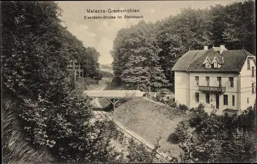 Ak Gremsmühlen Malente in Ostholstein, Eisenbahnbrücke im Steinbusch