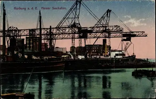 Ak Hamburg Harburg, Neuer Seehafen, Schiffskräne