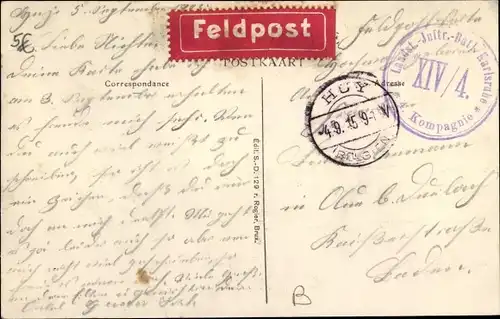 Ak Stempel Deutsche Feldpost 1. WK, XIV/4. Landst. Inf. Batl. Karlsruhe, 4. Kompagnie