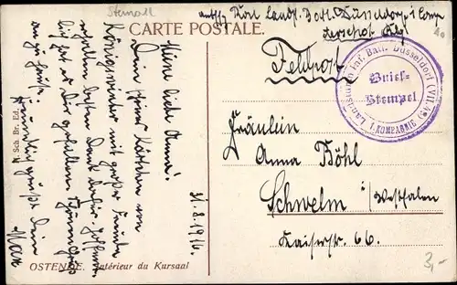Ak Stempel Deutsche Feldpost 1. WK, Landsturm Inf. Batl. Düsseldorf VII. 43, 1. Komp.