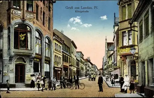 Ak Landau in der Pfalz, Blick in die Königstraße, Cafe Bill, Wiener Cafe, Anwohner