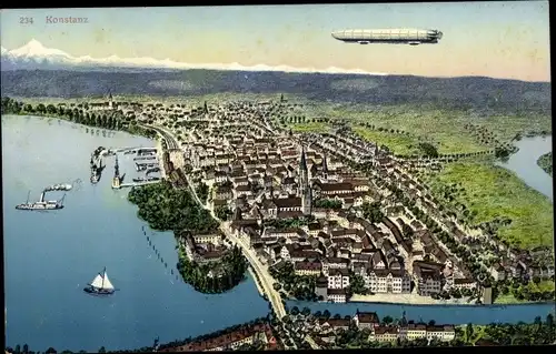 Ak Konstanz am Bodensee, Zeppelin über der Stadt
