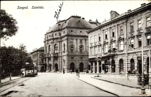 Ak Szeged Segedin Ungarn, Szinhaz, Theater, Straßenbahn