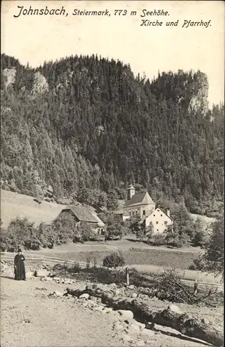 Ak Johnsbach Steiermark, Kirche und Pfarrhof