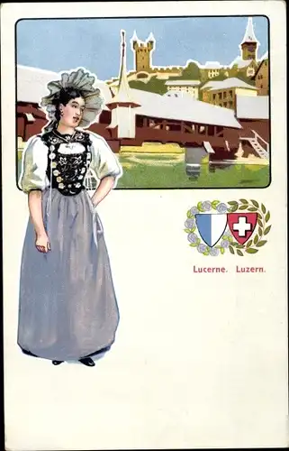 Wappen Ak Luzern Stadt Schweiz, Stadtbild, Frau in Luzerner Tracht