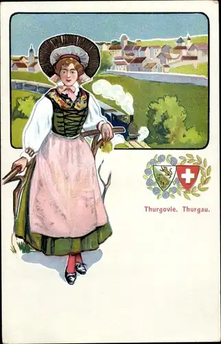 Wappen Ak Kanton Thurgau Schweiz, Thurgovie, Frau in Nationaltracht, Hut, Ort