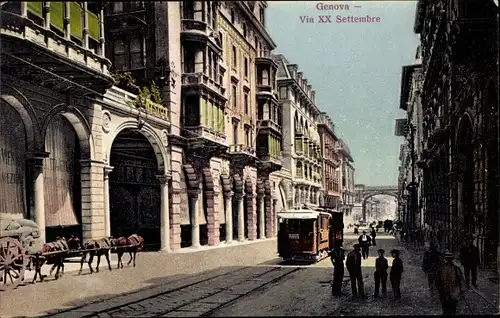 Ak Genova Liguria, Via XX Settembre, Straßenbahn, Gasse, Pferdekarren