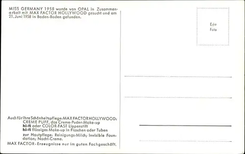 Ak Miss Germany 1958, Marlies Behrens, Max Factor-Werbung