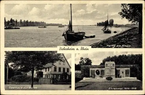 Ak Biebesheim am Rhein, Rheinpartie, Gasthaus zur Börse, Ehrenmal 1914-1918