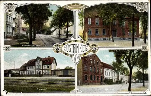 Ak Küstrin Kietz im Oderbruch, Chausseestraße, Schulhaus, Bahnhof, Postamt