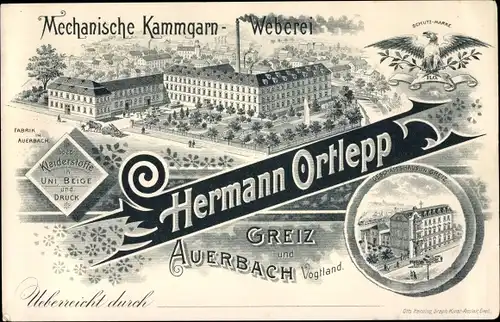 Litho Mechanische Kammgarn Weberei Hermann Ortlepp, Fabrik Auerbach, Geschäftshaus Greiz