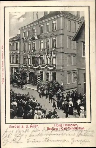 Ak Verden an der Aller, Hotel Hannover, Inh. Carl Schultheiss, Festschmuck, Kutsche