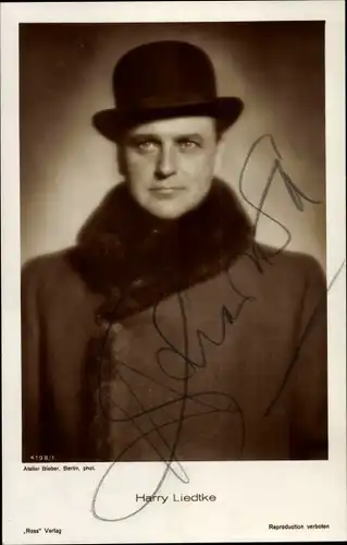 Ak Schauspieler Harry Liedtke, Portrait, Autogramm, Hut, Mantel