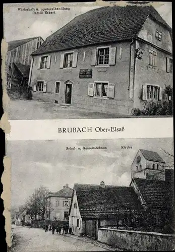 Ak Bruebach Brubach Oberelsass Haut Rhin, Wirtschaft, Spezereihandlung, Schule, Gemeindehaus, Kirche