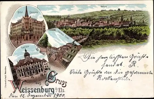Litho Wissembourg Weißenburg Elsass Bas Rhin, Hotel Germania, Rathaus, Staden, Panorama