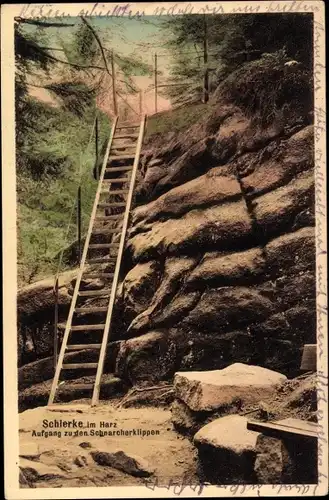 Ak Schierke Wernigerode am Harz, Aufgang zu den Schnarcherklippen