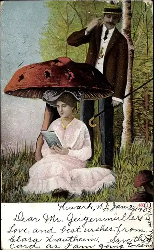 Ak Frau unter dem Schirm eines Pilzes sitzend, Mann