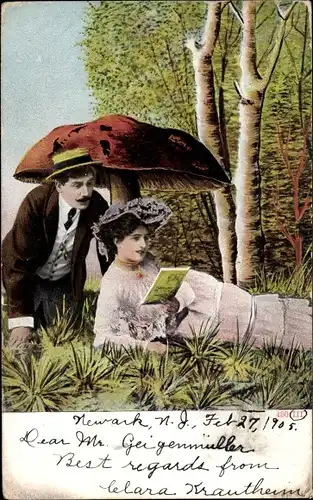 Ak Liebespaar unter dem Schirm eines Pilzes