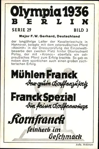 Sammelwerk Olympia 1936, Serie 29 Bild 3, Dressurreiter Major Gerhard, Pferd Absinth, Franck Kaffee