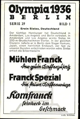 Sammelbild Olympia 1936, Serie 29 Bild 1, Deutscher Schwimmer Erwin Sietas