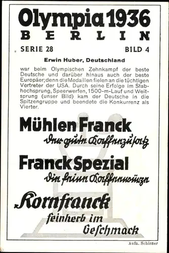 Sammelbild Olympia 1936, Serie 28 Bild 4, Der deutsche Zehnkämpfer Erwin Huber, Franck-Kaffee