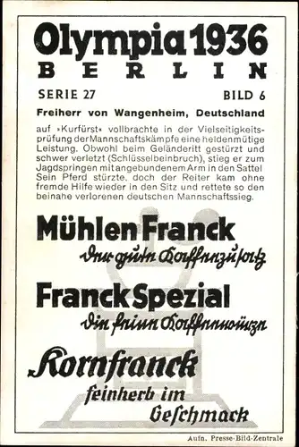 Sammelbild Olympia 1936, Serie 27 Bild 6, dt. Jagdspringer Freiherr v. Wangenheim, Pferd Kurfürst