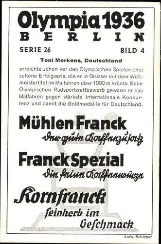 Sammelbild Olympia 1936, Serie 26 Bild 4, Der deutsche Radrennfahrer Toni Merkens, Franck-Kaffee