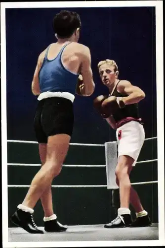 Sammelbild Olympia 1936, Serie 26 Bild 3, Boxen, Fliegengewicht Willi Kaiser, Matta, Franck-Kaffee