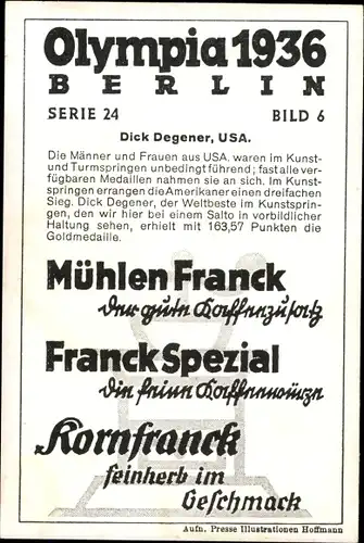 Sammelbild Olympia 1936, Serie 24 Bild 6, Turmspringer Dick Degener (USA), Franck-Kaffee