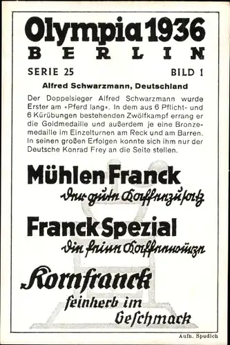 Sammelbild Olympia 1936, Serie 25 Bild 1, Der deutsche Turner Alfred Schwarzmann, Franck-Kaffee