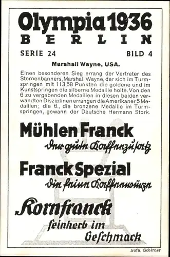 Sammelbild Olympia 1936, Serie 24 Bild 4, Turmspringer Marshall Wayne (USA), Franck-Kaffee