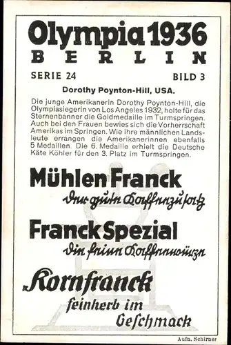 Sammelbild Olympia 1936, Serie 24 Bild 3, Turmspringerin Dorothy Poynton-Hill (USA), Franck-Kaffee