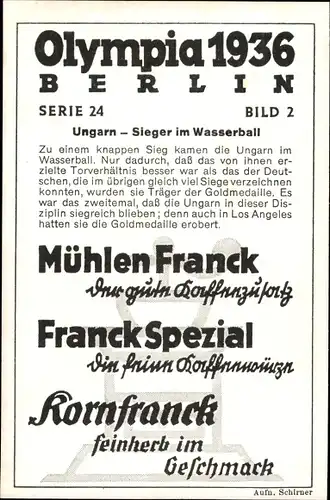 Sammelbild Olympia 1936, Serie 24 Nr. 2, Ungarn Wasserballmannschaft, Franck-Kaffee