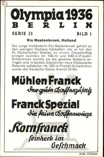 Sammelbild Olympia 1936, Serie 23 Bild 1, Die holl. Schwimmerin Ria Mastenbroek, Franck-Kaffee