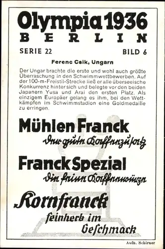 Sammelbild Olympia 1936, Serie 22 Bild 6, Der ungarische Schwimmer Ferenc Csik, Franck-Kaffee