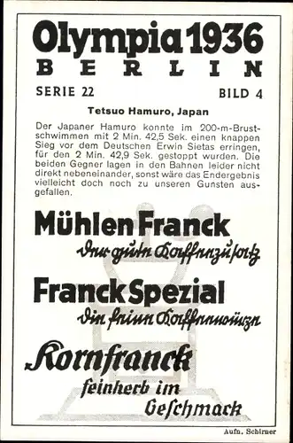 Sammelbild Olympia 1936, Der japanische Schwimmer Tetsuo Hamuro, Mühlen Franck Kaffeezusatz