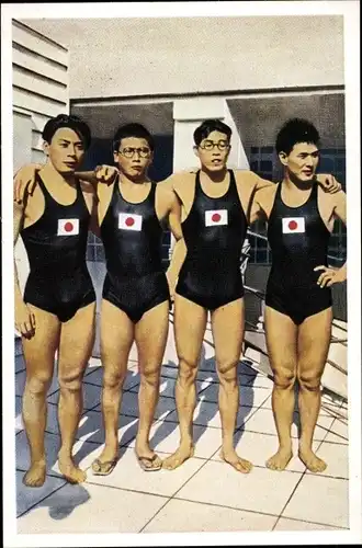 Sammelbild Olympia 1936, Japans 4x200m Freistilstaffel, Yusa, Sugiura, Taguchi, Arai