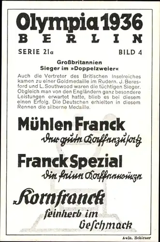 Sammelbild Olympia 1936, Brit. Doppel-Zweier Beresford, Southwood, Mühlen Franck Kaffeezusatz