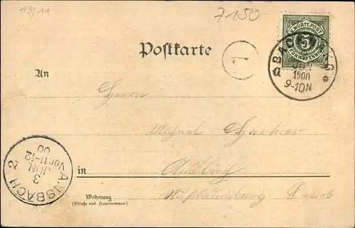 Litho Backnang in Württemberg, Oberamt, Amtsgericht, Blick auf den Ort