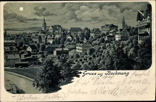 Mondschein Litho Backnang in Württemberg, Totalansicht der Ortschaft