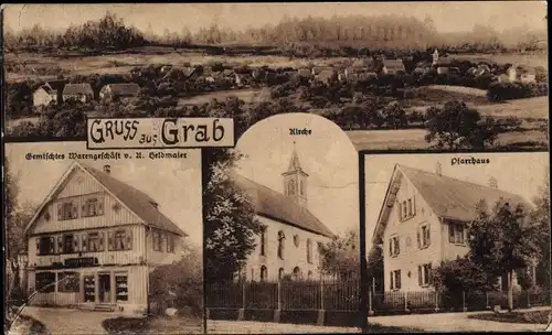 Ak Grab Großerlach in Württemberg, Gemischtwarenhandlung, Kirche, Pfarrhaus