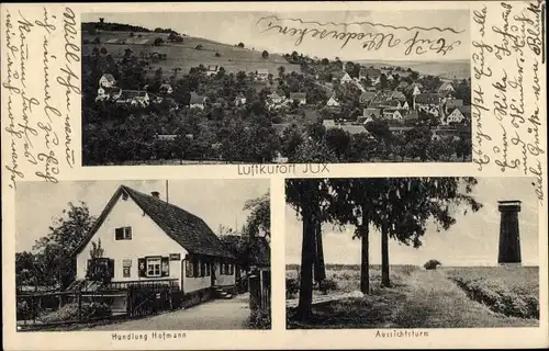 Ak Jux Spiegelberg in Württemberg, Totalansicht, Aussichtsturm, Handlung