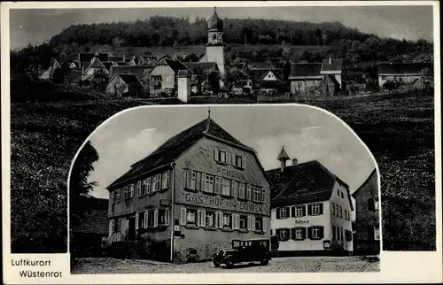Ak Wüstenrot in Württemberg, Pension und Gasthof zum Löwen, Auto, Kirche
