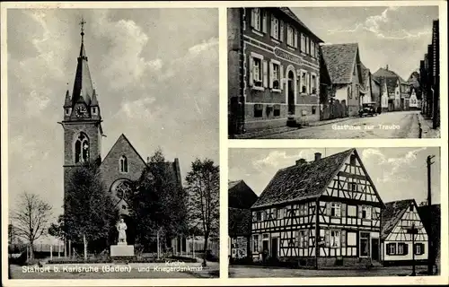 Ak Staffort Stutensee in Baden, Gasthaus zur Traube, Kirche, Kriegerdenkmal