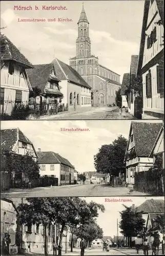 Ak Mörsch Rheinstetten in Baden, Lammstraße, Kirche, Hirschstraße, Rheinstraße