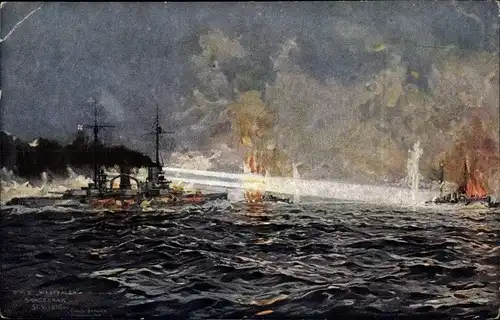 Künstler Ak Deutsches Kriegsschiff, SMS Westfalen, Nachtkämpfe 1916, Kaiserliche Marine