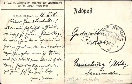 Künstler Ak Deutsches Kriegsschiff, SMS Westfalen, Nachtkämpfe 1916, Kaiserliche Marine